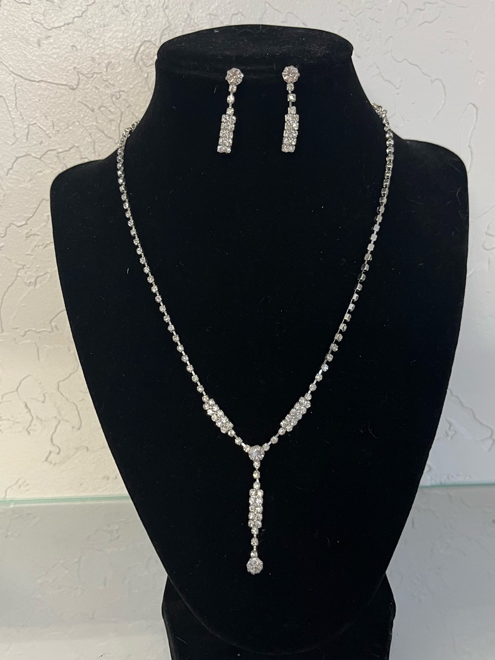 Silver Crystal Drop Necklace and Earrings Set